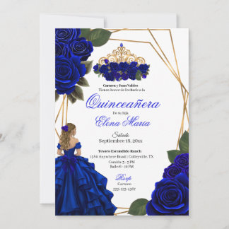Royal Blue Roses Gold Quinceañera  Invitation