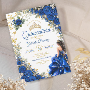 Royal Blue Roses Golden Butterflies Quinceañera Invitation