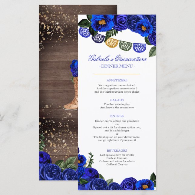 Royal Blue Roses Rustic Western Charra Party Menu (Front/Back)