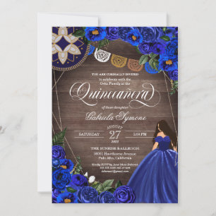 Royal Blue Roses Western Charro Quinceanera Dress Invitation