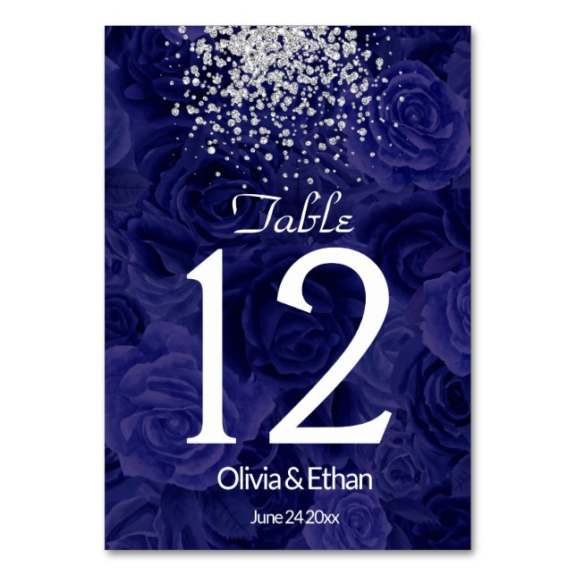 Royal Blue Roses with Sliver Glitter Splash Table Number (Front)