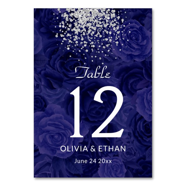 Royal Blue Roses with Sliver Glitter Splash Table Number (Front)