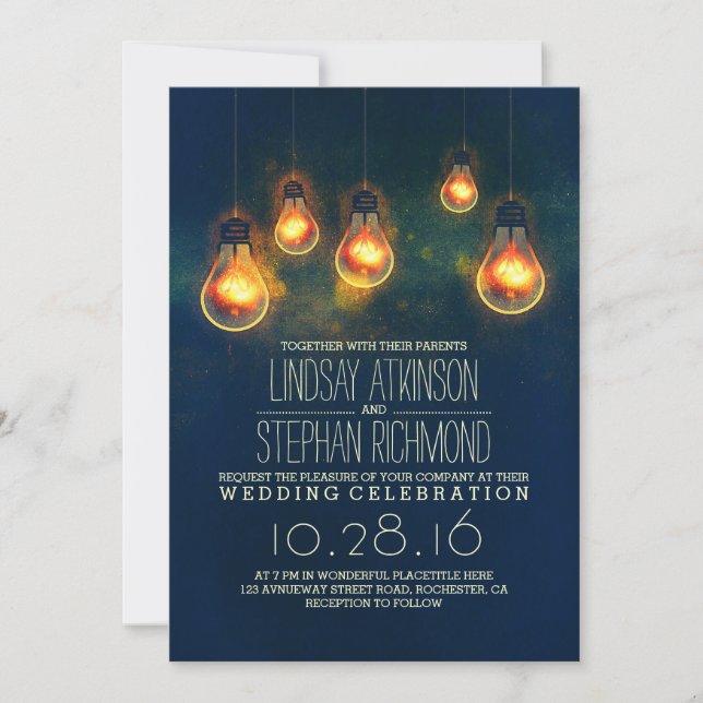 royal blue rustic lights wedding invitations (Front)