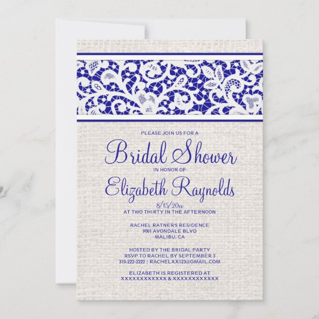 Royal Blue Rustic Linen Bridal Shower Invitations (Front)