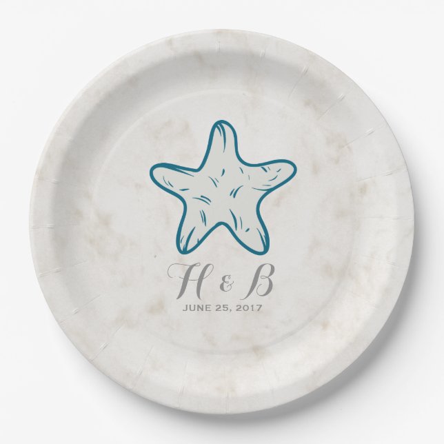 Royal Blue Rustic Starfish Wedding Paper Plate (Front)