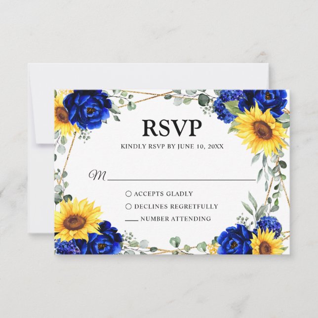 Royal Blue Rustic Sunflower Geometric Wedding  RSVP Card (Front)