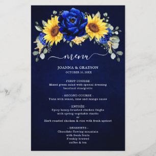 Royal Blue Rustic Sunflower Menu Mariage moderne