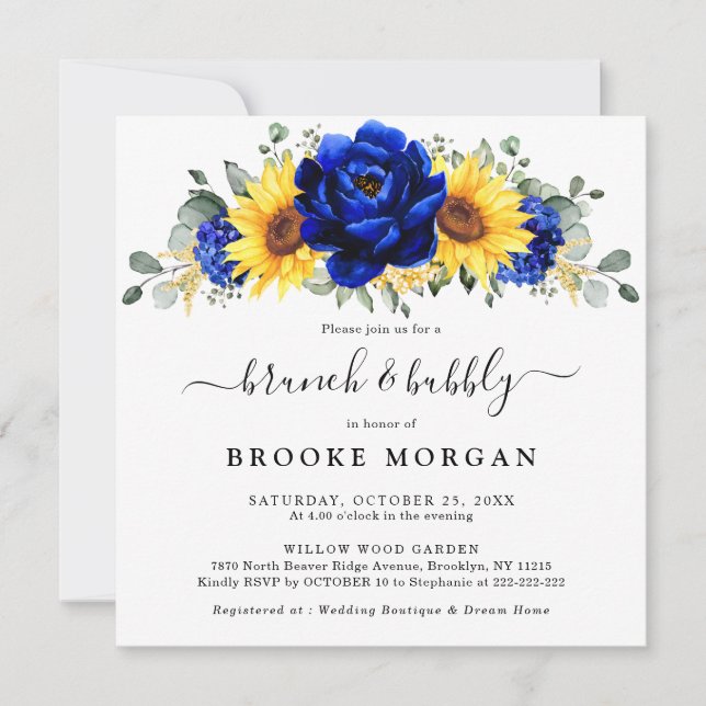 Royal Blue Rustic Sunflower Modern Brunch & Bubbly Invitation (Front)