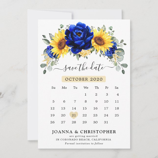 Royal Blue Rustic Sunflower Modern Floral calendar Save The Date (Front)