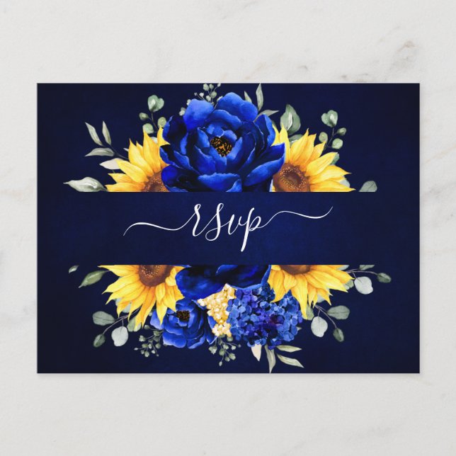 Royal Blue Rustic Sunflower Modern Floral RSVP Pos Postcard (Front)