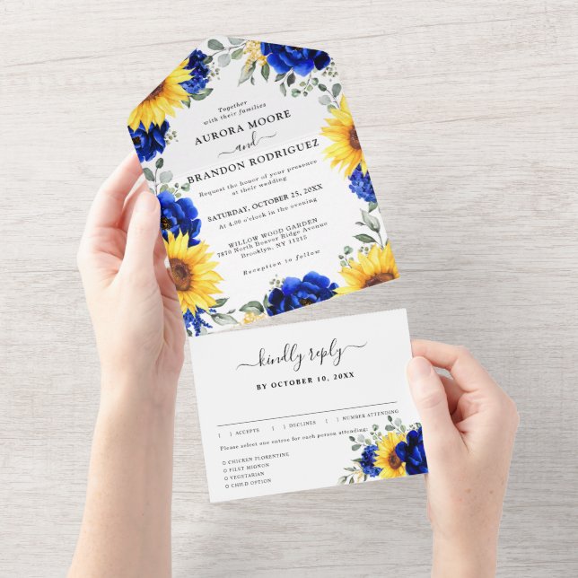 Royal Blue Rustic Sunflower Modern Floral Wedding  All In One Invitation (Tearaway)