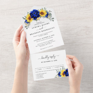 Royal Blue Rustic Sunflower Modern Floral Wedding  All In One Invitation