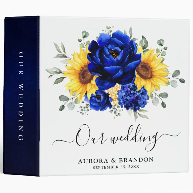 Royal Blue Rustic Sunflower Modern Floral Wedding  Binder (Front/Spine)