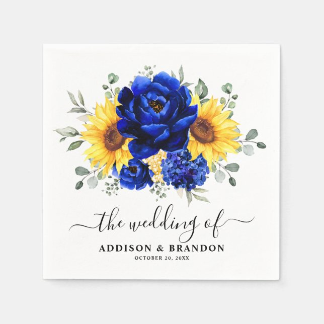 Royal Blue Rustic Sunflower Modern Floral Wedding  Napkin (Front)