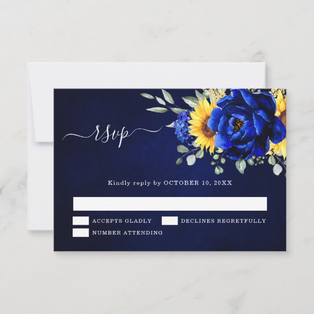 Royal Blue Rustic Sunflower Modern Floral Wedding  RSVP Card (Front)