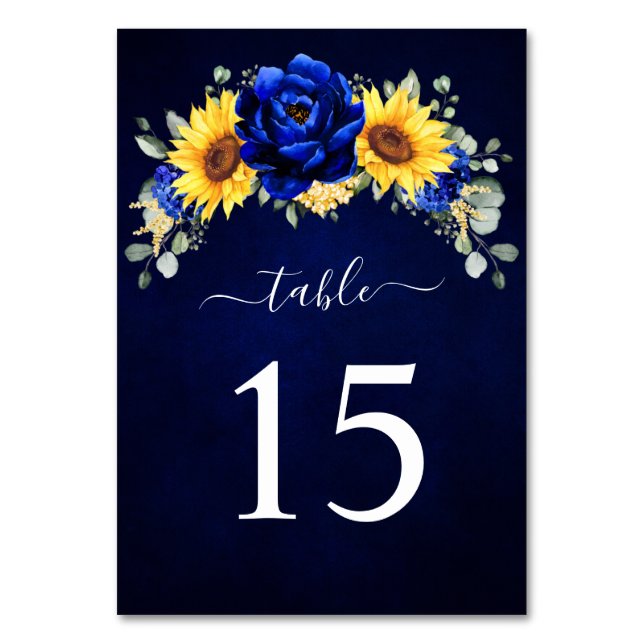 Royal Blue Rustic Sunflower Modern Floral Wedding  Table Number (Front)