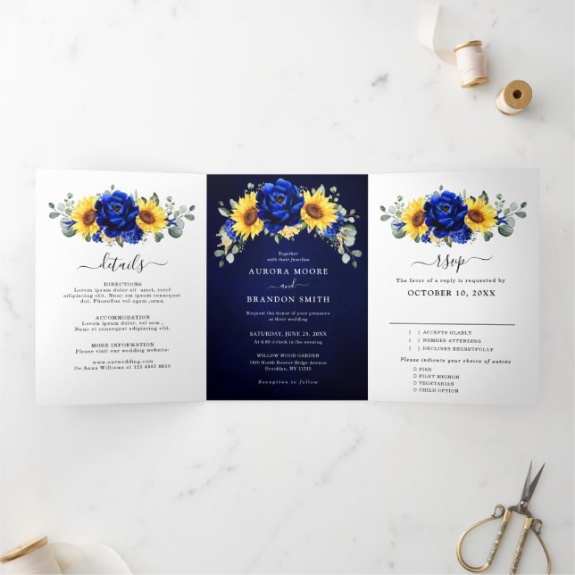 Royal Blue Rustic Sunflower Modern Floral Wedding  Tri-Fold Announcement (Inside)
