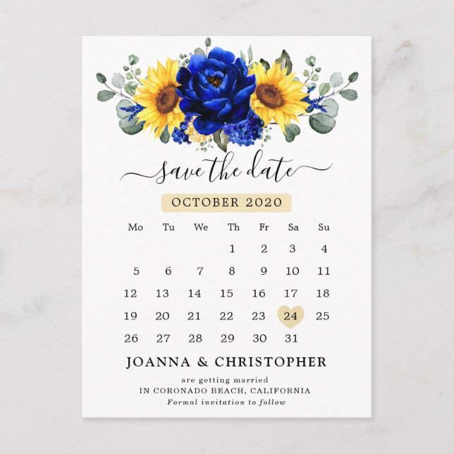 Royal Blue Rustic Sunflower Modern Save the Date Postcard (Front)