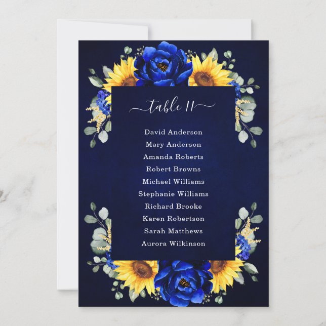 Royal Blue Rustic Sunflower Modern Seating Chart I Invitation (Back)