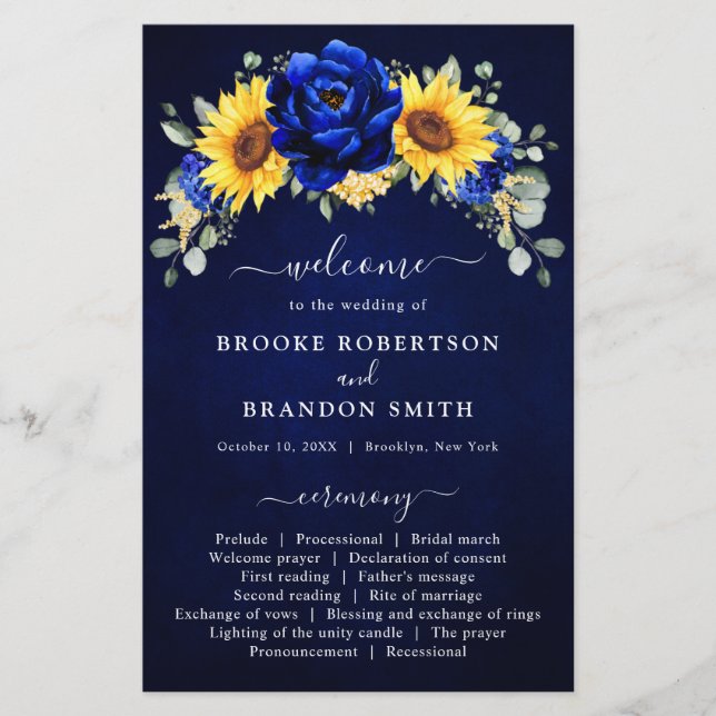 Royal Blue Rustic Sunflower Modern Wedding Program (Front)
