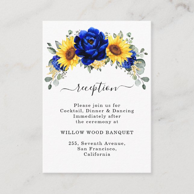 Royal Blue Rustic Sunflower Wedding Reception Enclosure Card (Front)