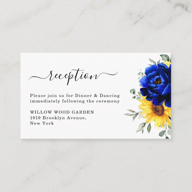 Royal Blue Rustic Sunflower Wedding Reception Enclosure Card (Front)