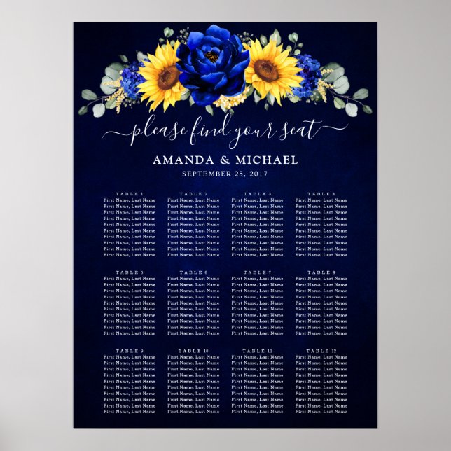 Royal Blue Rustic Sunflower Wedding Seating Chart (Front)