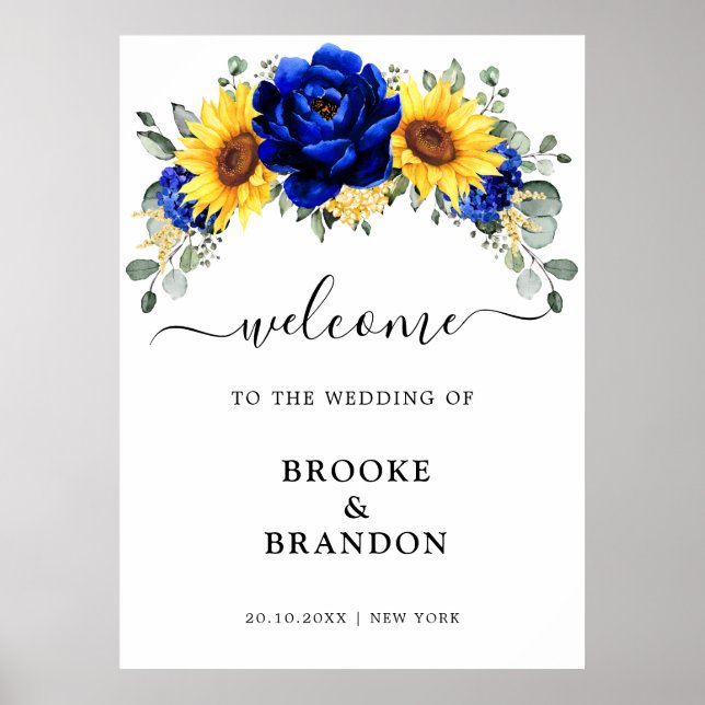 Royal Blue Rustic Sunflower Wedding Welcome Poster (Front)
