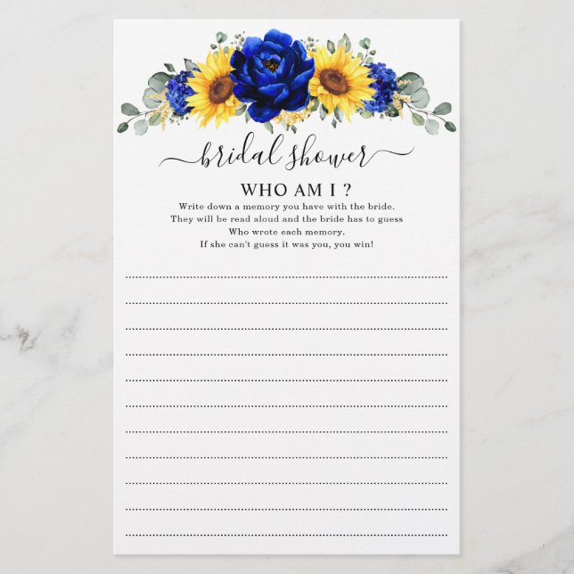 Royal Blue Rustic Sunflower Who Am I Game      (Front)