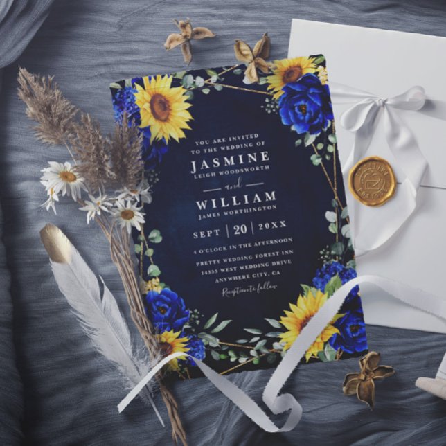 Royal Blue Rustic Sunflowers Chic QR Code Wedding Invitation (Creator Uploaded)