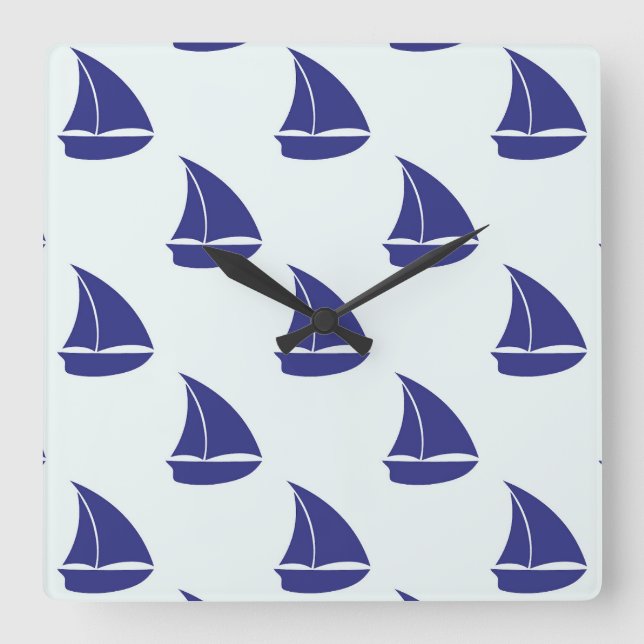 Royal Blue Sailboat Pattern Square Wall Clock (Front)