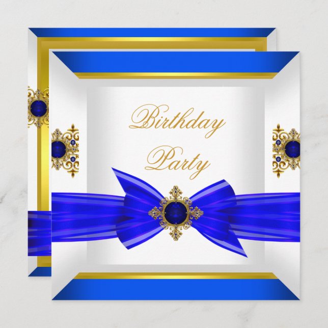 Royal Blue Sapphire Gem Jewel Gold Bow Birthday Invitation (Front/Back)