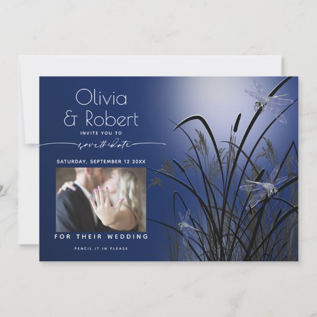Royal Blue Save the Date  Moonlight Dragonfly Invitation (Front)