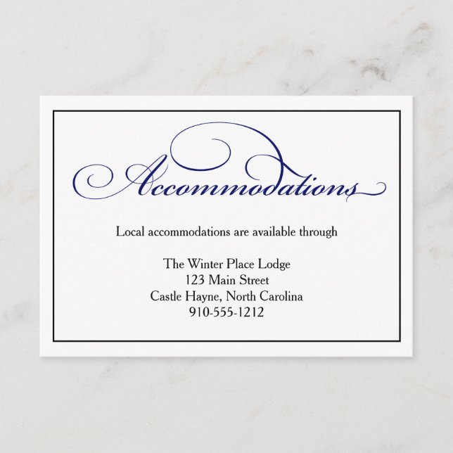 Royal Blue Script Wedding Accommodations Card (Front)