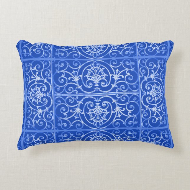Royal blue scrollwork pattern accent pillow (Front)