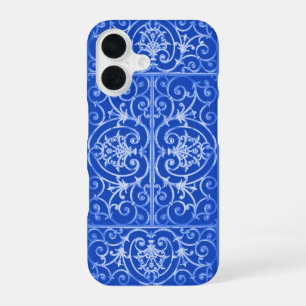 Royal blue scrollwork pattern iPhone 16 case