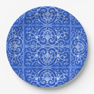 Royal blue scrollwork pattern paper plate