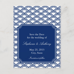 Royal Blue Seigaiha Pattern Wedding Save the Date Announcement Postcard