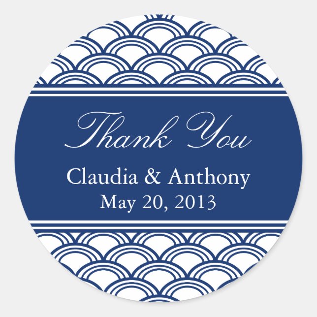 Royal Blue Seigaiha Pattern Wedding Thank You Classic Round Sticker (Front)