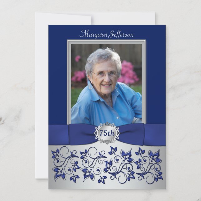 Royal Blue, Silver 75th Photo Birthday Invitation (Front)