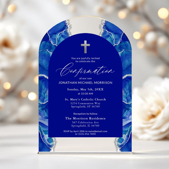 Royal Blue Silver Agate Confirmation Elegant Acrylic Invitations (Creator Uploaded)
