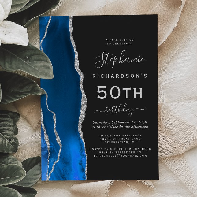 Royal Blue Silver Agate Dark 50th Birthday Party Invitation (Creator Uploaded)
