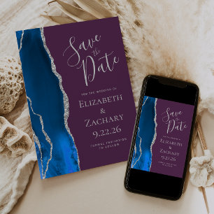Royal Blue Silver Agate Plum Save the Date Card