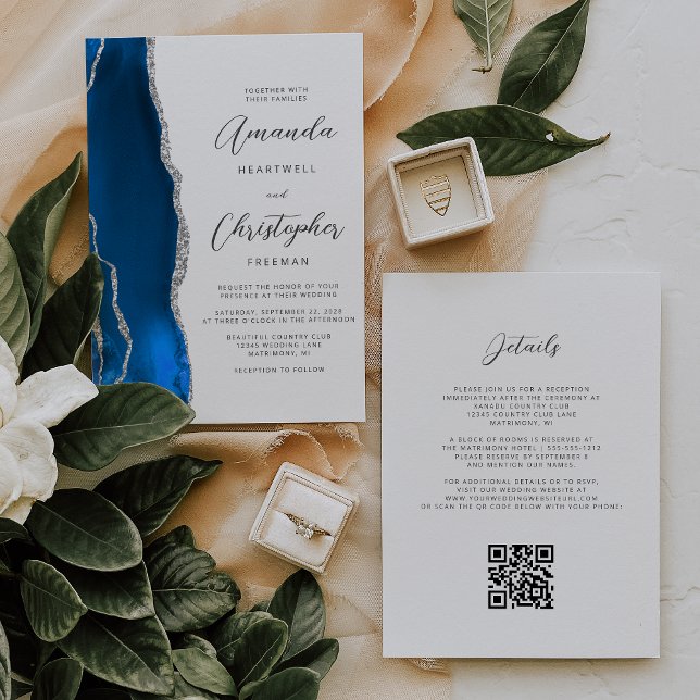 Royal Blue Silver Agate QR Code Wedding Invitation (Creator Uploaded)