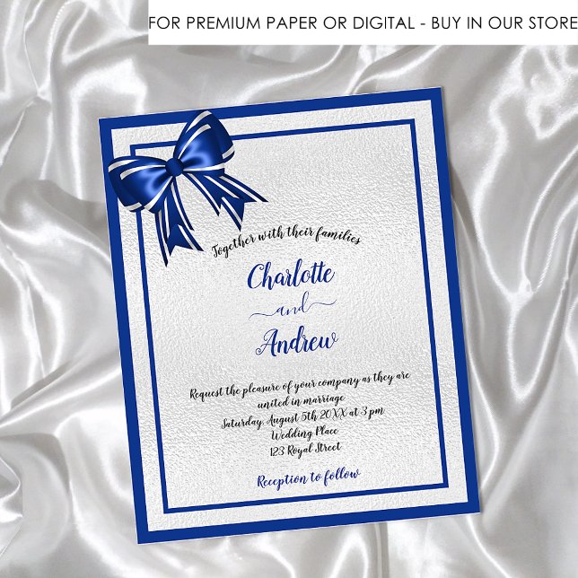 Royal blue silver bow budget wedding invitation flyer (Creator Uploaded)