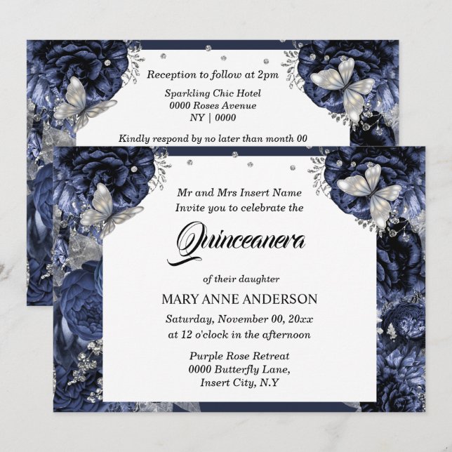 Royal blue silver butterfly chic rose quinceanera invitation (Front/Back)