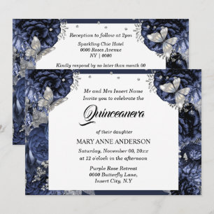 Royal blue silver butterfly chic rose quinceanera invitation