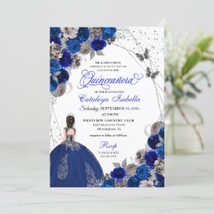 Royal Blue Silver Butterfly Princess Quinceanera Invitation