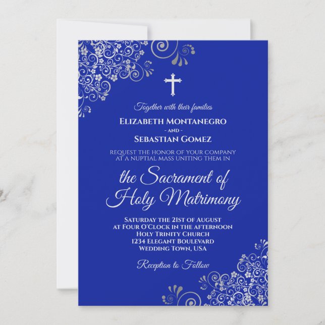 Royal Blue & Silver Chic Modern Catholic Wedding Invitation (Front)