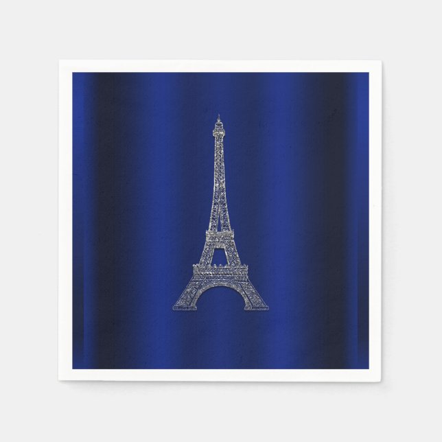 Royal Blue Silver Eiffel Tower Paris Chic Wedding Napkin (Front)